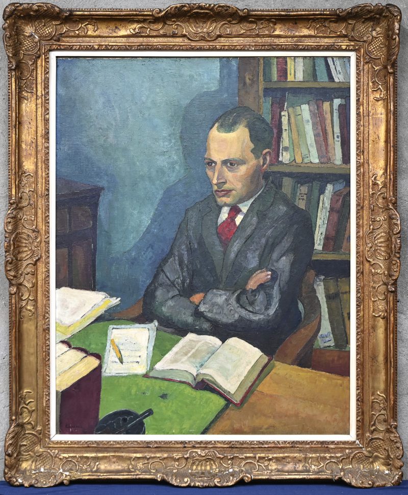 “De Denker”. Een schilderij, olieverf op doek. Onderaan gesigneerd.