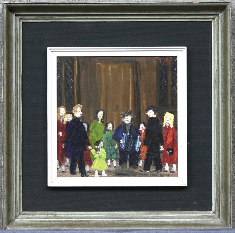 “De Accordeonspeler”. Een schilderij, olieverf op paneel. Verso getiteld en gesigneerd.