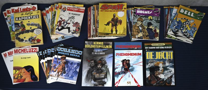 Lot van 74 stripalbums. Born: Bob Mau, Kari Lente & Co Superstrips (3 st). Archers e.a.: Yves Swolfs, Durango (8 st). Lefrancq: Leblanc, Steeman, Duchateau e.a., Arsène Lupin, Rouletabille e.a. (16 st). Standaard: Lawrence, Storm (15 st), Sleen, Nero (23 st). Het Volk: Sleen, Hurey, De Lustige Kapoentjes (2 st). Loempia: Micheluzzi (3 st). Glénat: Kaminka, Phenomenum (2 st, HC). Dargaud e.a.: Bilal (4 st, HC).