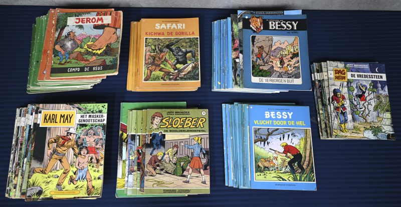 Lot van 114 stripalbums. Standaard Uitgeverij: Studio Vandersteen, Bessy (33 st), Safari (9 st), Karl May (26 st). Dag & Heidi (8 st), Sloeber (8 st), Jerom (30 st w.o. Compo De Reus d.d. 1966 in zeer gelezen staat).