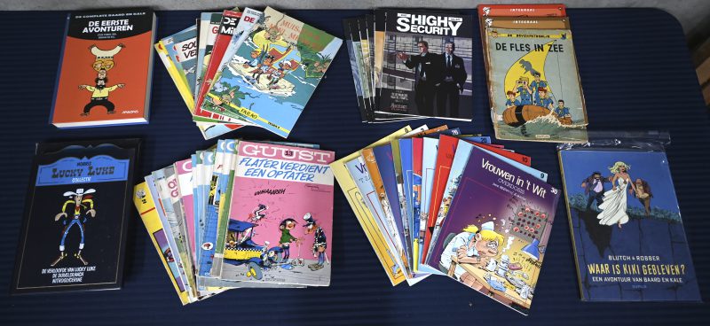 Lot van 48 stripalbums. Dupuis: Butch & Robber, Baard en Kale, Waar is Kiki Gebleven? (1 st, HC), MiTacq, De Beverpatroelje, De Fles in Zee (1959, slechte staat). Callède, High Security (6 st), Bercovici, Vrouwen in ‘t Wit (11 st). Franquin, Guust (12 st), Seron, De Minimensjes (12 st). Diverse: Lucky Luke integraal (2 st), Lucky Luke Collectie (2 st - HC). Arboris: Dineur, Ben, Bermar, Will, De Complete Baard en Kale, De eerste avonturen (1 st, HC).