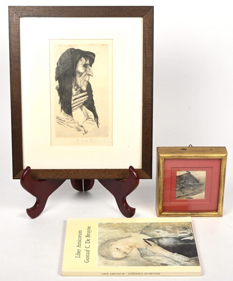 Een lot van Gustaaf De Bruyne bestaande uit een ets, een aquarel miniatuurtje en een boek.