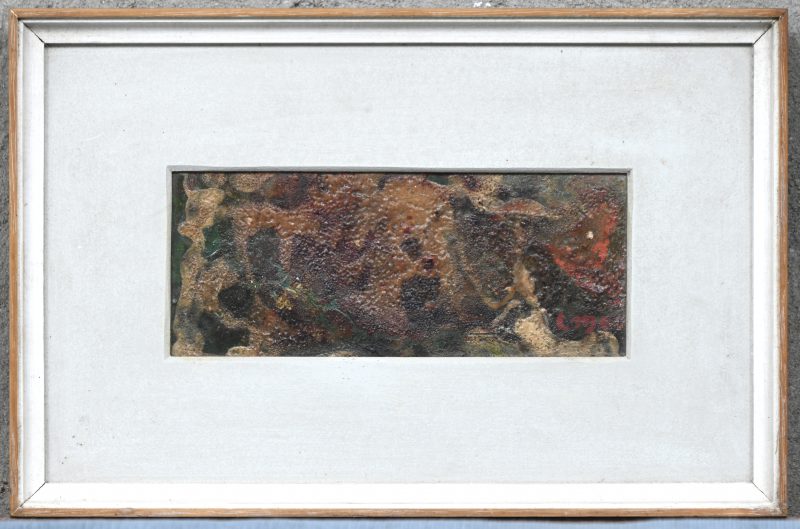 “Compositie”. Olieverf op paneel. Met opdracht en handtekening achteraan.