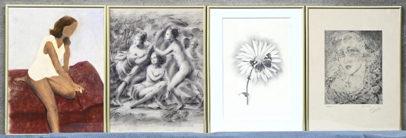 Een set van vier diverse grafische werken. “Antgone” door A. Grendl, “Vlinder op een margriet”. “Drie Gratiën” door Sebrechts d.d. 1948. “Jonge vrouw met sigaret”.