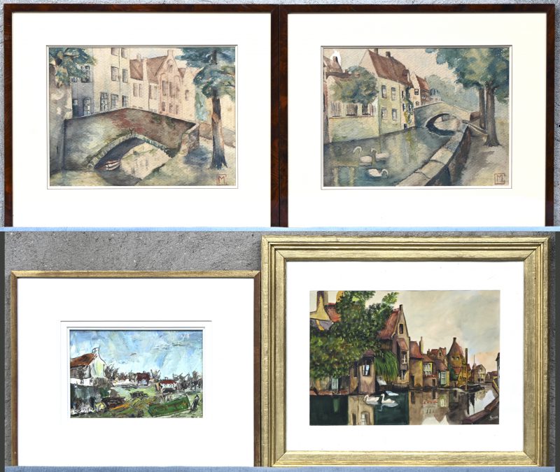 Vier diverse landschappen. Waarvan 1 aquarel met hoeves, “Minnewater te Brugge” door Semail en twee zichten op de Reien te Brugge gemonogrammeerd C.M.
