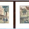 Vier diverse landschappen. Waarvan 1 aquarel met hoeves, “Minnewater te Brugge” door Semail en twee zichten op de Reien te Brugge gemonogrammeerd C.M.