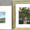 Vier diverse landschappen. Waarvan 1 aquarel met hoeves, “Minnewater te Brugge” door Semail en twee zichten op de Reien te Brugge gemonogrammeerd C.M.