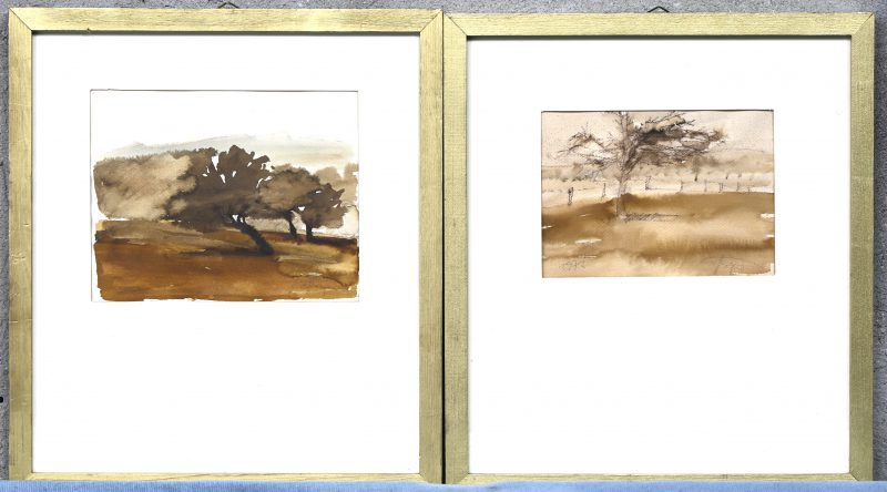 Twee landschappen in bister. Gesigneerd.