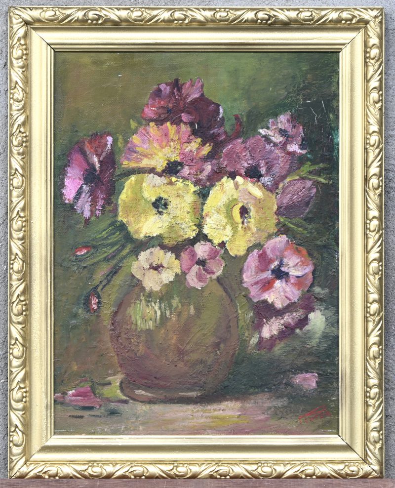 “Bloemenstilleven met vaas”. Olieverf op paneel. Gesigneerd.