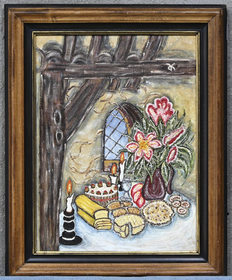 “Bakkerij”. Olieverf op doek. NIet gesigneerd, achteraan gedateerd fabruari 1998.