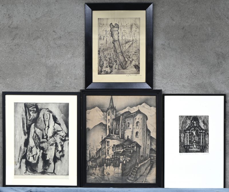 Vier diverse grafische werken, “Côté Jardin Lohengrin” door Bonneville (?). “Ponte Tresa”, niet gesigneerd. “Hoofdaltaar Kerk Beveren” door Remortel. “Echtgnoten” door Pauwels, genummerd 21/50.