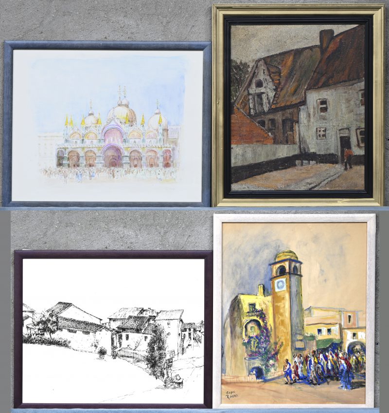 Vier diverse grafische werken, waarvan ééneen Vlaamse hoeve, een schets van de San Marco en twee andere.