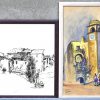 Vier diverse grafische werken, waarvan ééneen Vlaamse hoeve, een schets van de San Marco en twee andere.