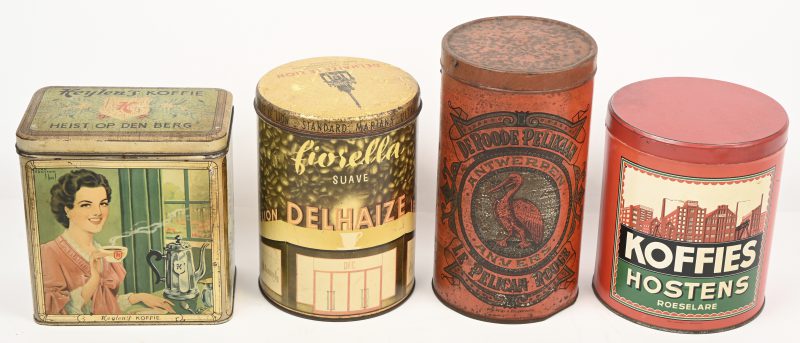 Een lot van 4 oude koffieblikken: Heylen’s koffie, De Roode Pelikaan, Koffies Hostens en Delhaize le Lion.