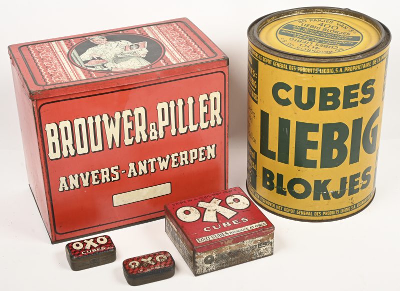 Een lot van 5 oude blikken dozen, Brouwer & Piller Anvers-Antwerpen, Liebig blokjes en 3 x Oxo.