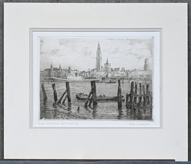 “Rede Staketsel-Antwerpen”, een ets in passe-partout, zonder kader, gesigneerd, getiteld en genummerd buiten de plaat. Romain Malfliet, 38/100.