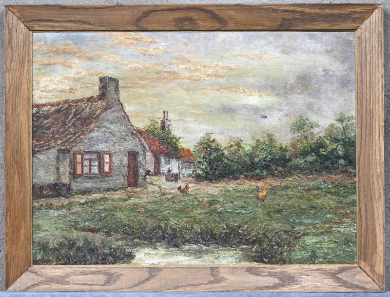 ‘Erf met kippen’. Olieverf op doek, getekend; Waumans.
