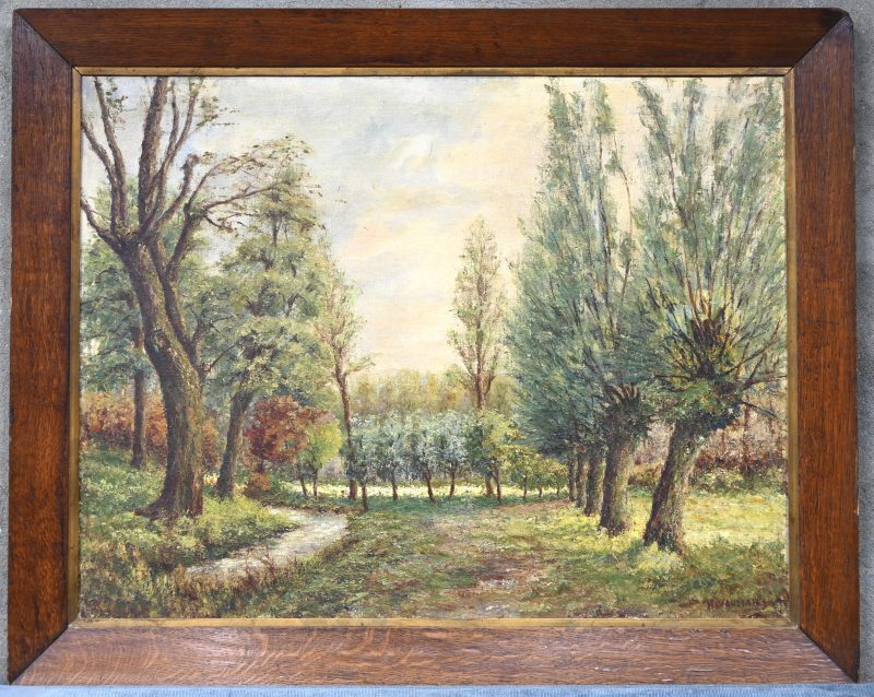 ‘Boszicht’. Olieverf op doek, getekend; Waumans.