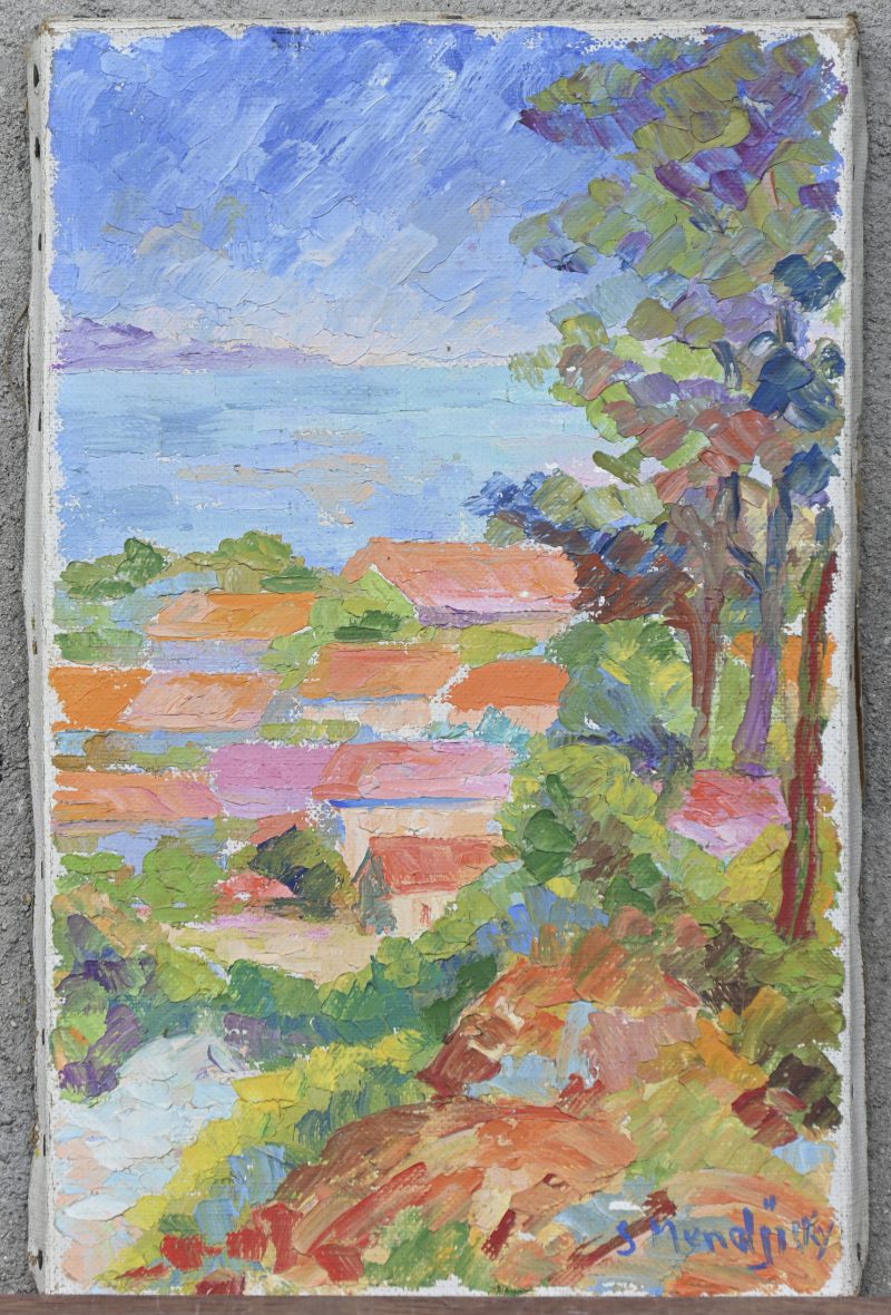 ‘Zuiders landschapje’. Olieverf op doek, getekend; S. Mendjinsky.