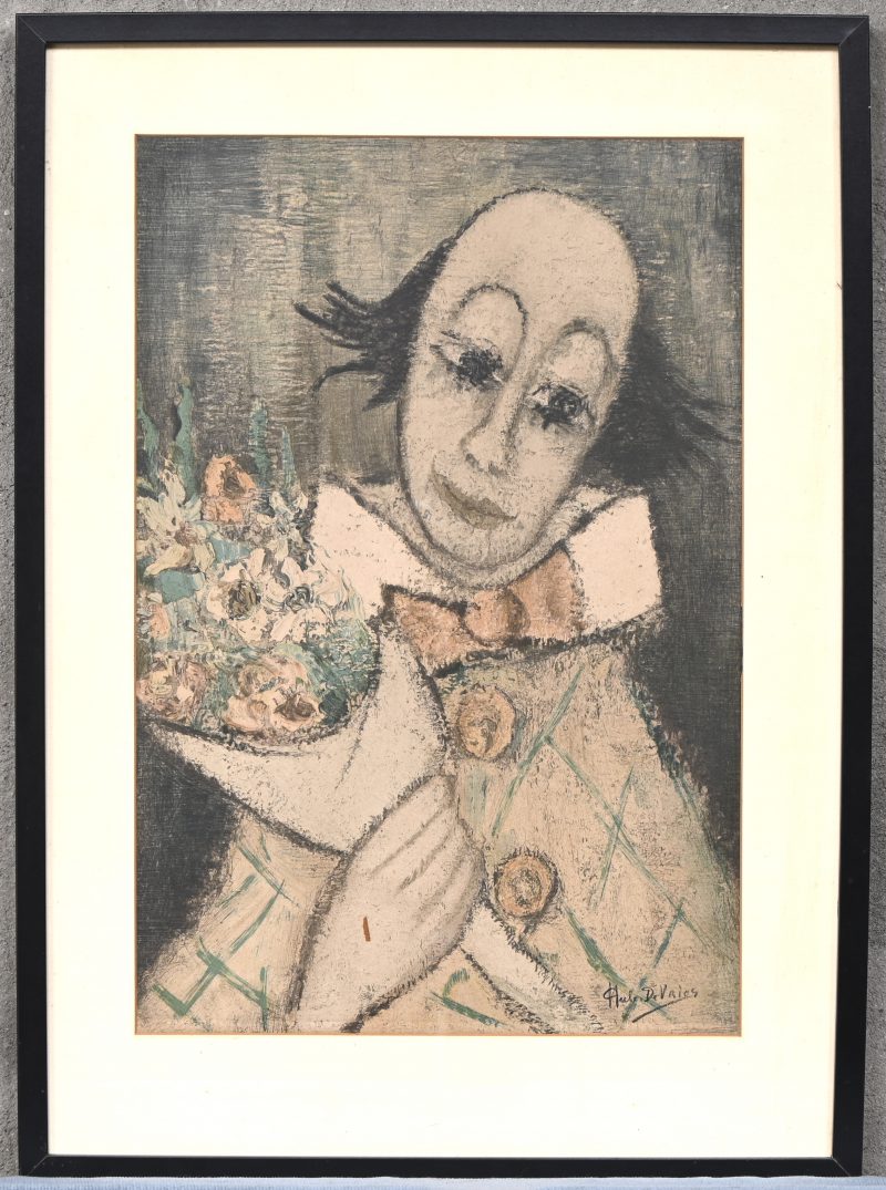 “Clown met boeket.” Litho op papier. Binnen de plaat gesigneerd.