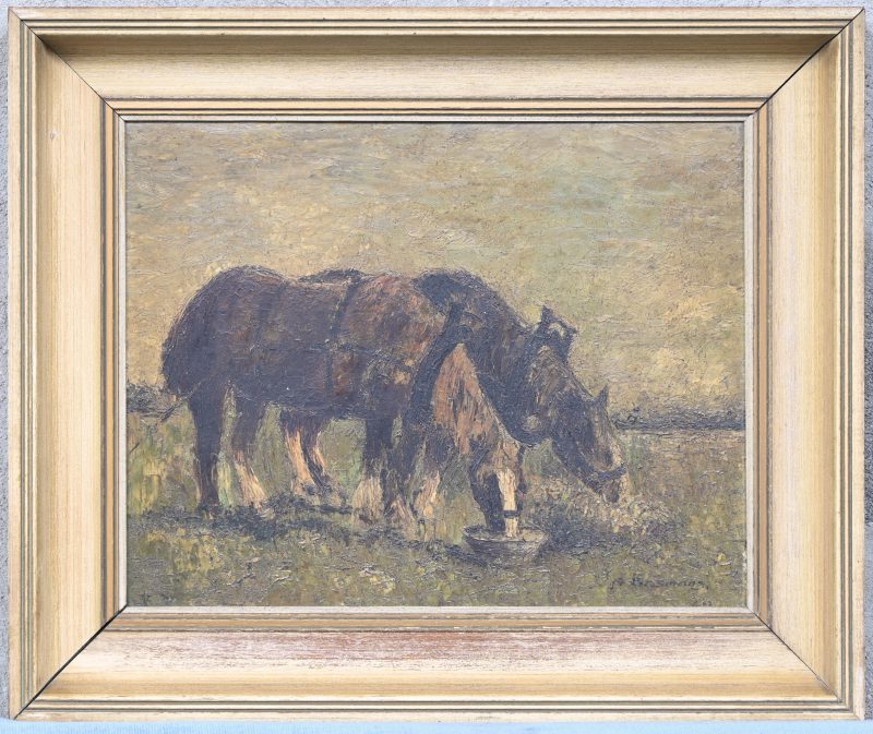 “Boeren paarden.” Olieverf op board. Gesigneerd.