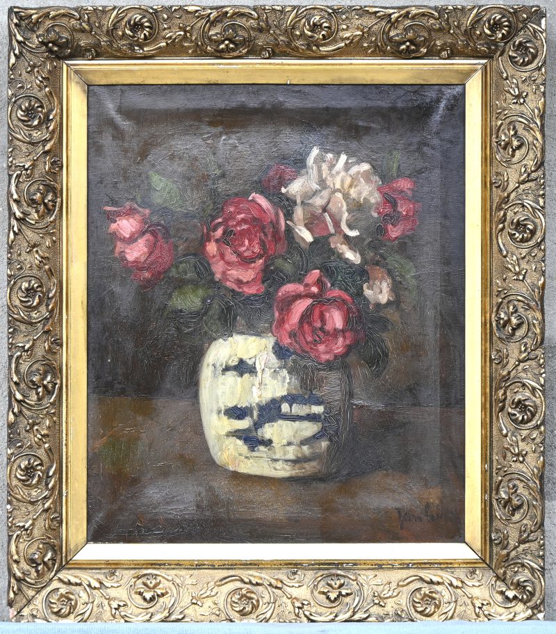 “Bloemstilleven.” Olieverf op doek. Gesigneerd. Lichte indrukken van het frame.