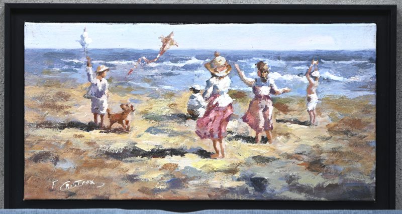 “Jeux de cerf-volant”, een schilderij, olieverf op doek, gesigneerd F. Cristaux. Met certificaat