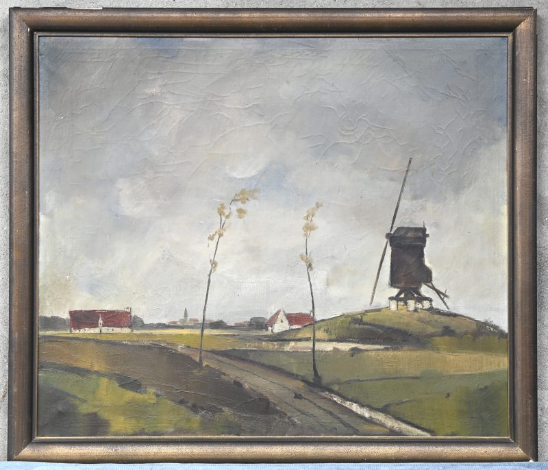 ‘Landschap met windmolen’. Olieverf op doek, getekend; Remy De Pillecyn.