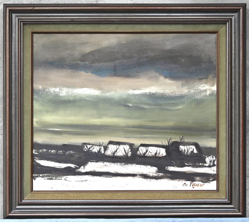‘Winterlandschap’. Olieverf op doek, getekend; De Pauw.