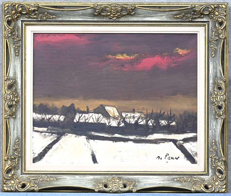 ‘Winterlandschap’. Olieverf op doek, getekend; De Pauw.
