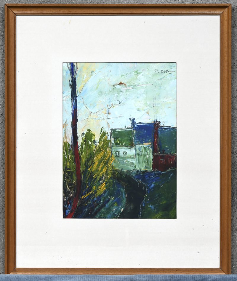 ‘Huizenrij’. Olieverf op papier. Getekend; De Pauw.