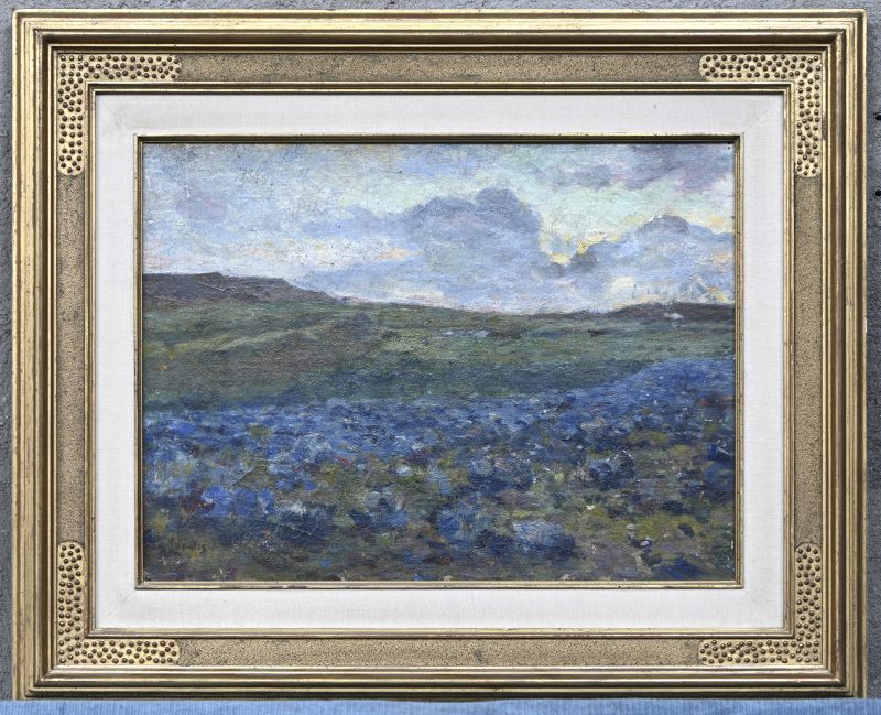 “Impressionistisch heuvellandschap met stroom.” Olieverf op doek, op board. Onleesbaar Gesigneerd.