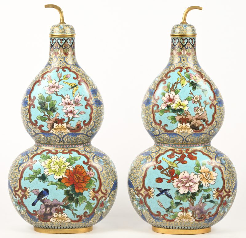 Een paar kalebas vormige cloissonée vazen. Met een decor van bloemen en vogels.