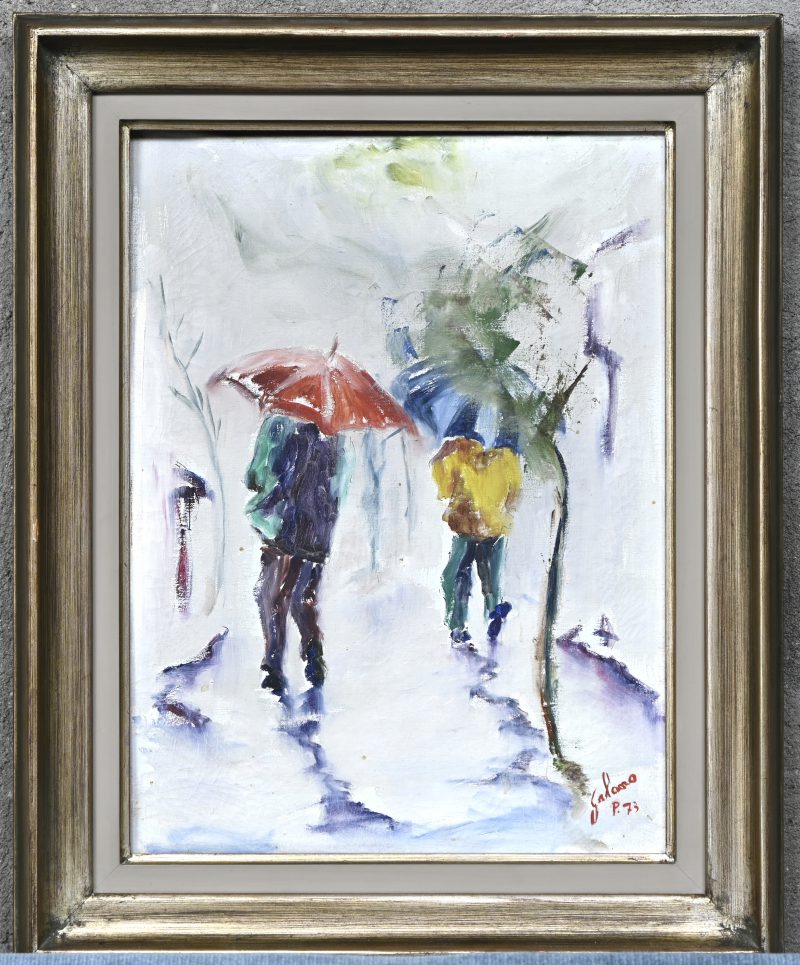 ‘Personages in de regen’. Impressionistisch tafereel, getekend; Galano P. 73.