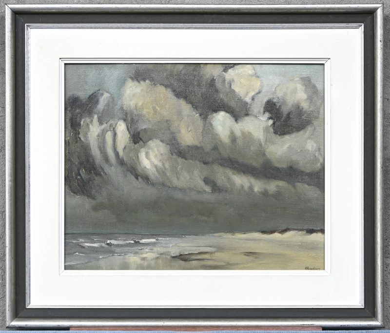 ‘Storm op zee’. Olieverf op doek, getekend F. Verachtert.
