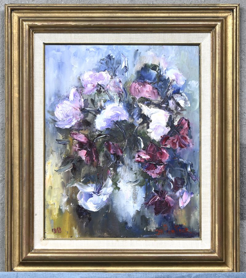 ‘Bloemenvaas’. Expressief olieverfschilderij op doek. Getekend; M. Ponteur. Gedateerd 1983.