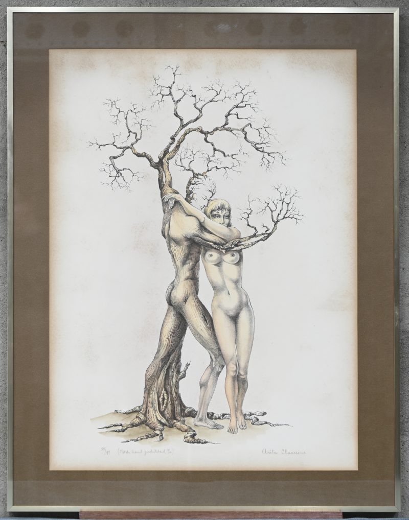 ‘Zonder titel’, symbolistisch werk van een vrouw die de natuur omarmt. Ingekleurde lithografie. Getekend; Anita Claassens.