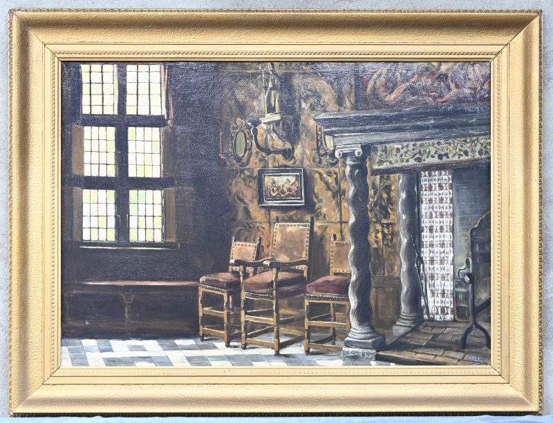 ‘Een barok interieur’. Olieverf op doek, getekend; A. Kets.