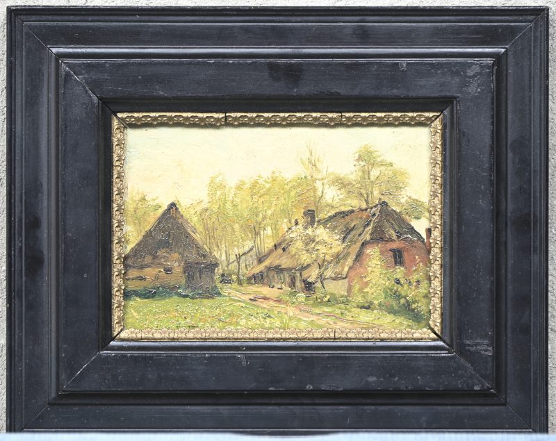 ‘Een hoeve’. Olieverf op paneel. Op de rug getekend; Frans Simons, 1906.