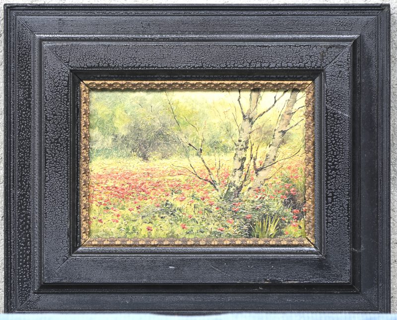 ‘Klaprozen en berken’. Olieverf op paneel, toegeschreven aan Frans Simons.