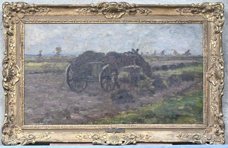 “Boerenpaard met kar”, een schilderij, olieverf op doek, gesigneerd Theo Verstraete.