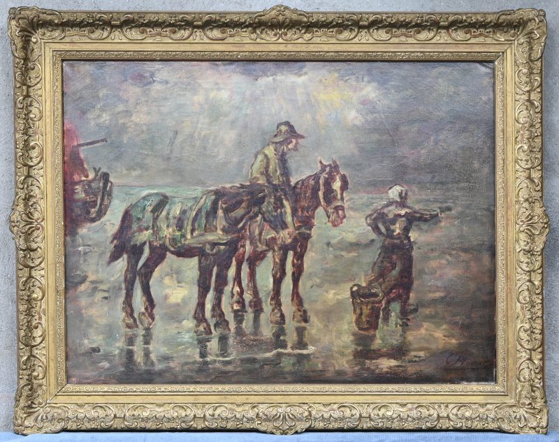 “Garnaalvissers”, een 19e eeuws schilderij, olieverf op doek, gesigneerd C.Meunier.