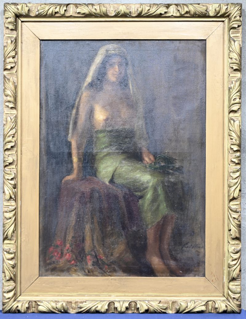 “Odalisk”, een schilderij, olieverf op doek, tweede helft 19e eeuw, gesigneerd Rolston. In vergulde kader met schilderijverlichting.