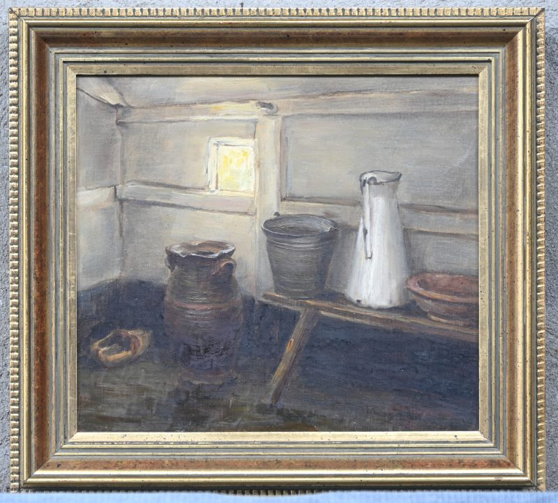 “In de schuur”, een schilderij, olieverf op board in vergulde kader, gesigneerd Luc V.D. Velde 71.