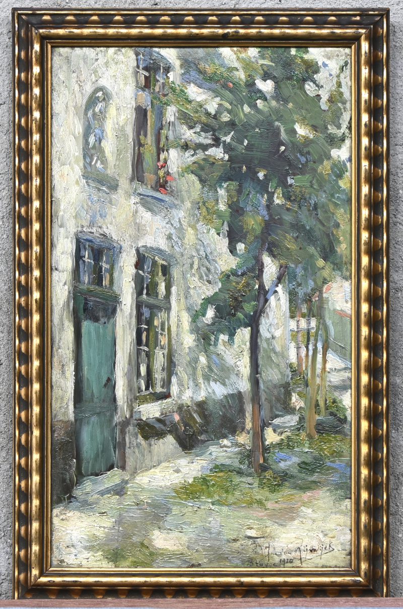 “Brugge in de lentezon”, een schilderij, olieverf op paneel, gesigneerd Jan Van Rijswijck en gedateerd 1920.