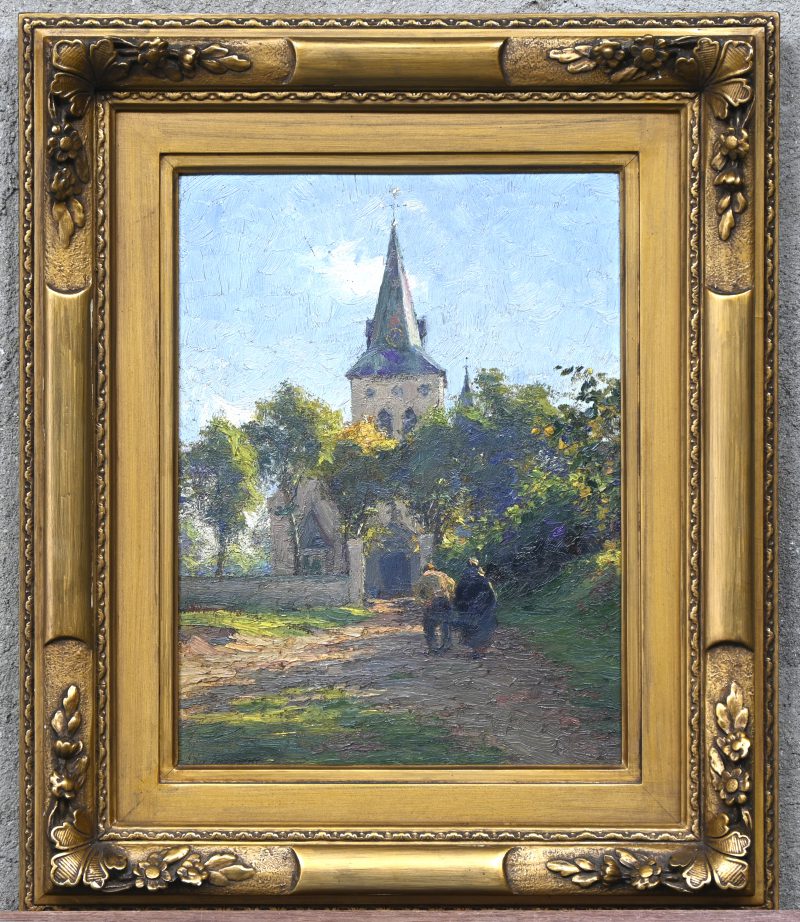 “Eglise d’Oostduinkerke”, een schilderij, olieverf op paneel, gesigneerd Edg Farazyn.