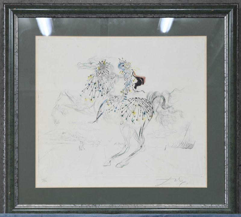 "La chevauchée", een kleurengravure, gesigneerd buiten de plaat ‘Dali’ en genummerd 116/200.