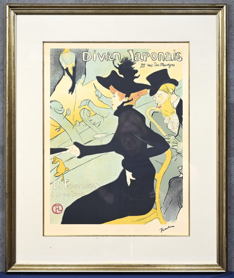 ‘Divan Japonais’. Fotografische reproductie naar Toulouse Lautrec. Toegevoegd een boek; Meesters der schilderkunst.