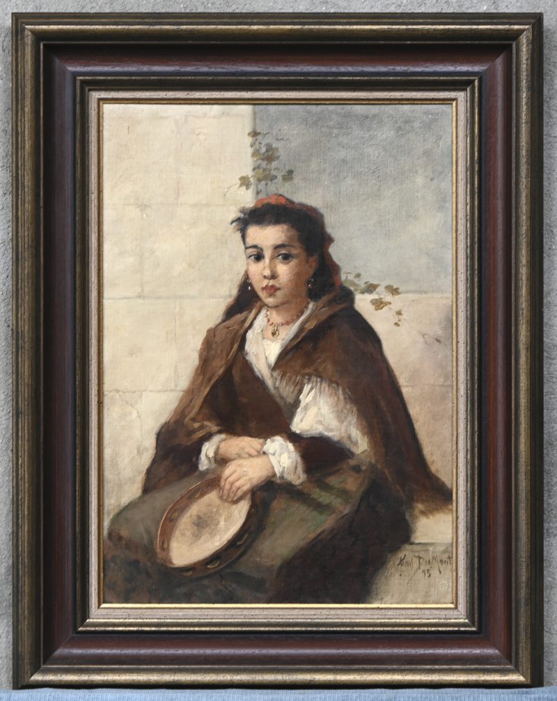 “De Tamboerijnspeelster.” Olieverf op doek, gesigneerd. Herdoekt en schoongemaakt.