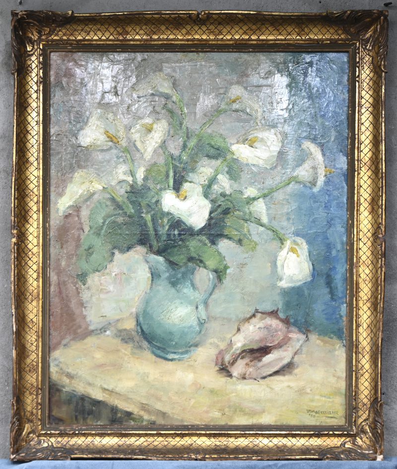 ‘Stilleven met aronskelken en een schelp’. Olieverf op doek, getekend; Van Berckelaer.